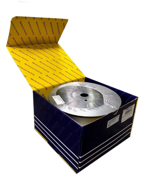 Minseal 1200 graphitized PTFE graphite braided compression packing, 1/8 in x 8 ft, on a spool in a blue Amazon box.