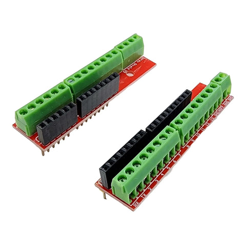 Screw Terminal Block Shield Kit For Arduino Uno R3 R4, Includes Terminal Block And Female Headers, Two Sets shown from top view.