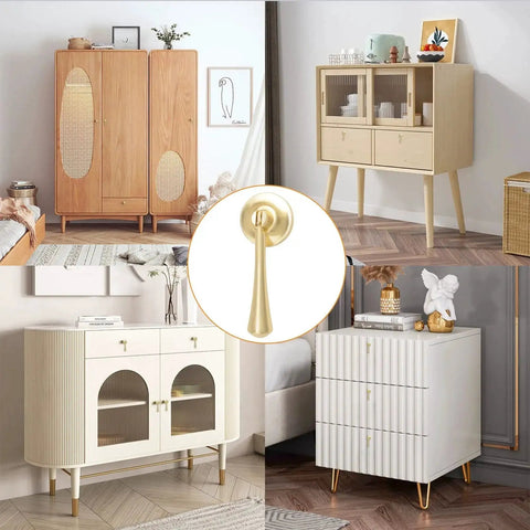 Teardrop Shaped Cabinet Pulls 4 Pack Solid Brushed Gold Pendant Handles Knobs Zinc Alloy With Mounting Screws displayed on cabinets