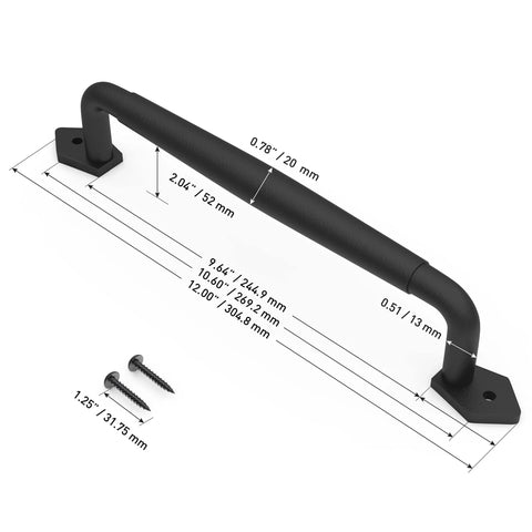 Two Pack 12 Inch Diamond Tapered Barn Door Handles Black Cast Iron Pulls with dimensions shown