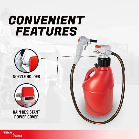 Universal Gas Can Adapter Cap Battery Powered Fuel Transfer Pump 2.3 GPM with attached nozzle holder shown on a red fuel can