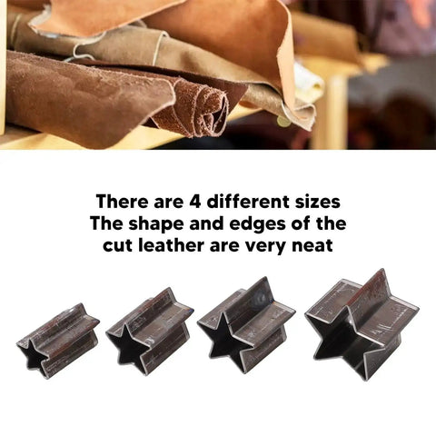 Four sizes of star shape leather cutting dies set made from alloy steel for crafting with leather, EVA foam, and clay.
