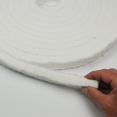 Ceramic fiber blanket strip from Lynn Manufacturing, white, 1 in by 1/2 in, peeled from roll