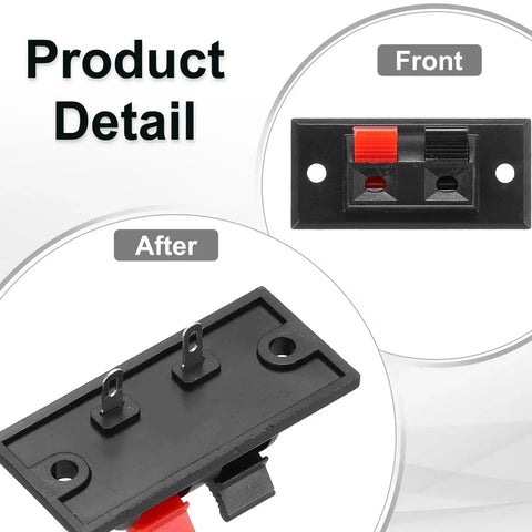 Front and back view of Two Way Spring Terminal Clip Push Release Connector Plate Jack Socket for Speaker Terminal Strip Block Test Clip Three Pack