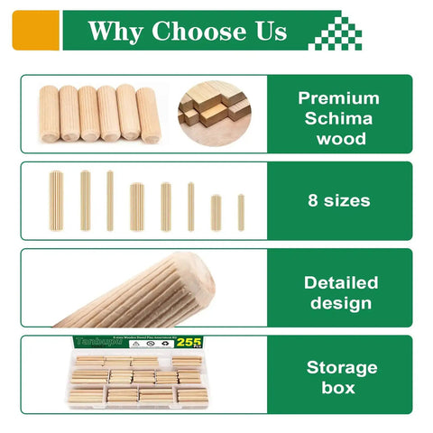 255 Piece Wood Dowel Set With One Quarter, Five Sixteenths, And Three Eighths Inch Fluted Dowels For Crafts And Furniture DIY Schima Superba Hardwood, showcasing different sizes and storage box.