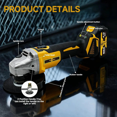 Cordless Brushless Angle Grinder Three Eighths Inch With 4 Variable Speeds For Cutting Grinding Polishing And Rust Removal Runs On Makita 18V Batteries longer motor life faster heat dissipation perfect for pros and DIYers detailed view showing metal head rubber handle and battery