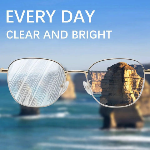 Pair of glasses with lenses showing before and after cleaning, promoting 80 Pack Microfiber Cleaning Cloths For Glasses And Lenses 5.5 By 5.5 Inches