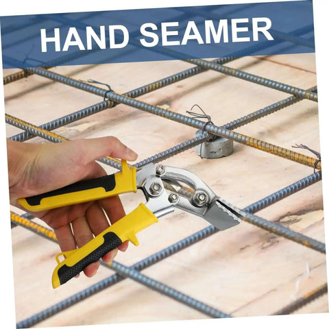 Person using Ergonomic Handheld Ductwork Tool for Sheet Metal Bending and Seaming with easy open latch.