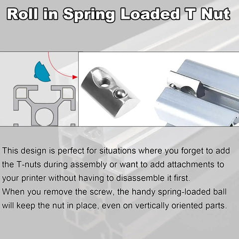 Diagram and photo of M5 Spring Loaded T Nut 70 Pcs M5x0.8mm Half Round Roll In T Nuts for 20x20 Aluminum Extrusions 20 Series
