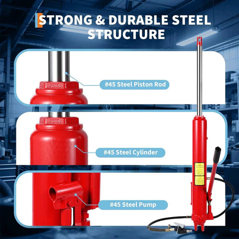 Close-up of 8 Ton Hydraulic Engine Hoist Cylinder with Clevis Base and Air Pump, highlighting steel structure and components.