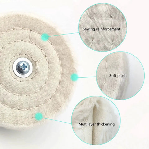 Close-up of Six Piece Drill Buffing Wheel Kit for Polishing Metal Wood Glass Jewelry, highlighting sewing reinforcement, soft plush, and multilayer thickening.