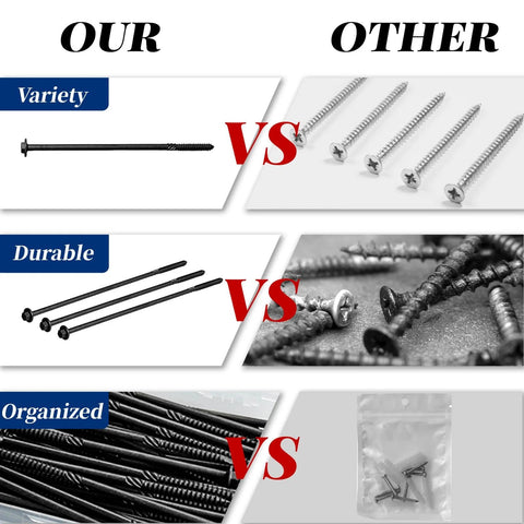 Comparison of 10 Inch Structural Wood Screws Size 14 Lag Screws with hex washer head and black coating vs other screws.