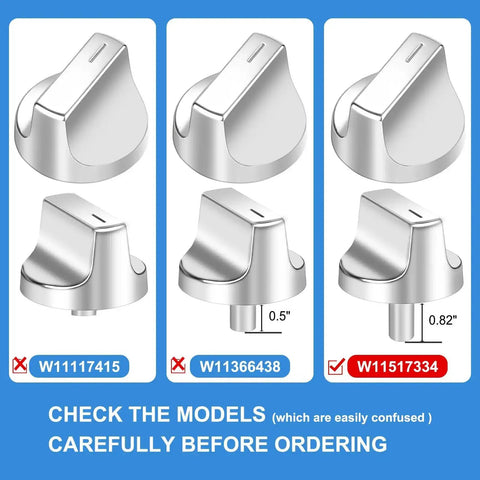 Easy Swap 5 Pack Gas Range Knob Replacements size comparison with model numbers for W11117415, W11366438, W11517334
