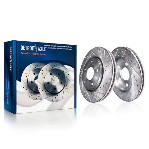 Front Wheel Bearing Hub Brake Kit With Drilled And Slotted Rotors And Ceramic Pads For 2014 2019 Nissan Rogue 12.60 Inch Front Rotor Diameter Replacement Heavy Duty Easy Install showing packaging and two rotors