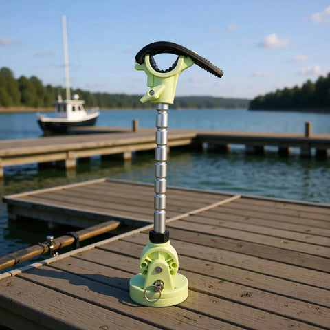 Yunseity trolling motor stabilizer mount on dock; light-green base and clamp, adjustable segmented aluminum rod.