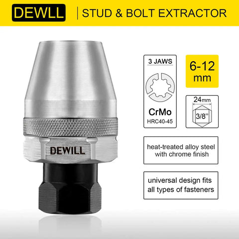 Broken Bolt Remover And Stud Extractor for one quarter to one half inch rounded fasteners. Heat-treated alloy steel with hexagonal flat design.