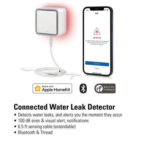 Smart Home Water Leak Detector With 6.5 Ft Sensing Cable, 100 dB Siren, HomeKit Ready, Real Time App Alerts, product image with phone