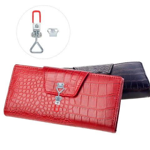 Red and black crocodile-patterned wallets with inset of toggle clamp; Eight Piece Adjustable Toggle Clamps Built Tough For The Shop Heavy Duty Zinc Plated Iron Box Pull Latches With Horizontal Quick Release For Easy Door Latches And Rock Solid Workholding And Tool Fixtures.