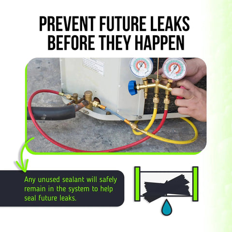 Direct Inject AC Leak Sealer For Permanent Refrigerant Leaks In Most HVAC Setups Up To 5 Tons, technician using tools on HVAC unit