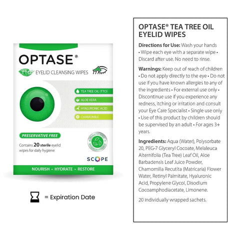 Tea Tree Oil Eyelid Cleansing Wipes Wrapped Preservative Free For Daily Use - package front with instructions and ingredients visible