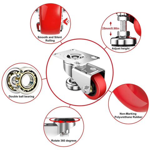 3 Inch Leveling Plate Caster Wheels with Adjustable Anti Vibration Foot Pads Heavy Duty Swivel for Workbenches, Non Marking Polyurethane