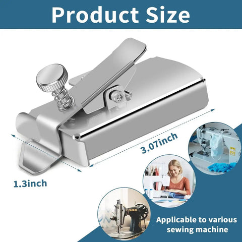 Front view of TIGARI magnetic seam guide for sewing machines with clip; metal ruler and clamp, 3.07 in by 1.3 in
