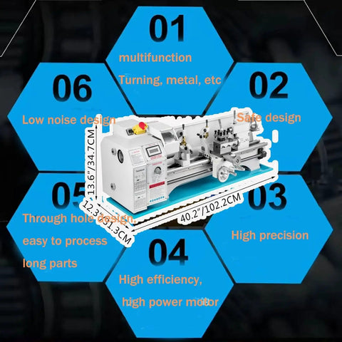 Mini Metal Lathe 550W Brushless Benchtop Lathe 0-1500 RPM with 3 Jaw Chuck shown with features highlighted.