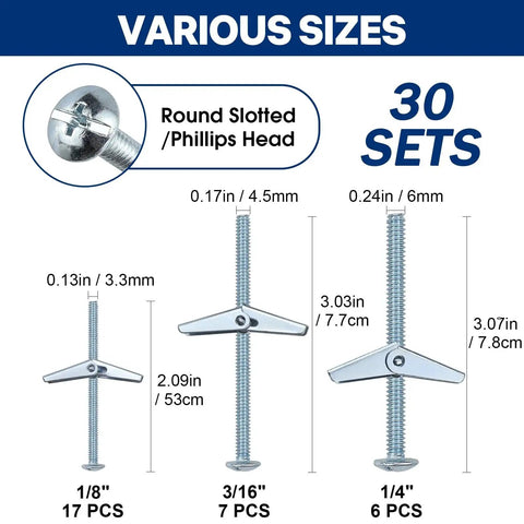 30 Sets Heavy Duty Toggle Bolts Kit for Drywall and Hollow Walls with 1/4", 3/16", 1/8" sizes showing round slotted heads.