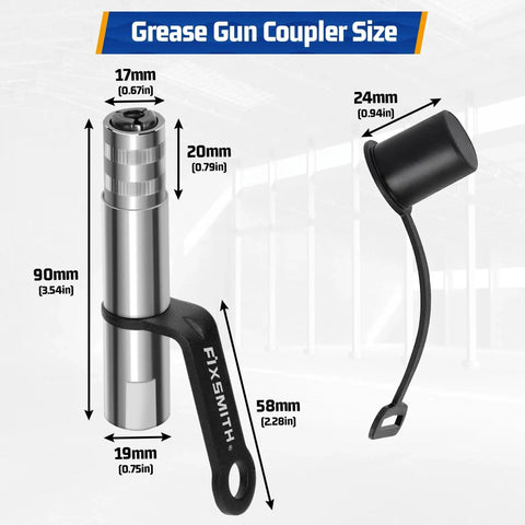 Heavy Duty Grease Gun Coupler With Quick Release Locking For Secure Zerk Fittings, dimensions and cap, shown in detail