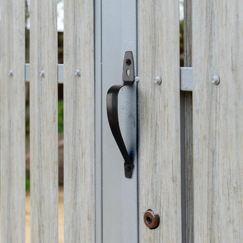 Installed Beefy 10 Inch Barn Door Handle Set, Black Metal Gate Pulls For Wooden Fences And Sheds, Rustic Industrial Sliding
