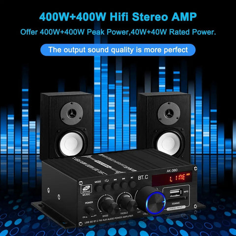 Beefy 400W And 400W Peak HiFi Stereo Amplifier With 40W RMS Per Channel, Bluetooth 5.0, shown with speakers and digital display screen.