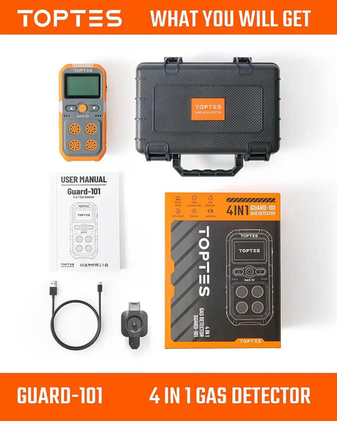 Guard-101 Four Gas Detector with case, manual, cable, and packaging. Bright orange device for H2S CO LEL O2 with alarms.