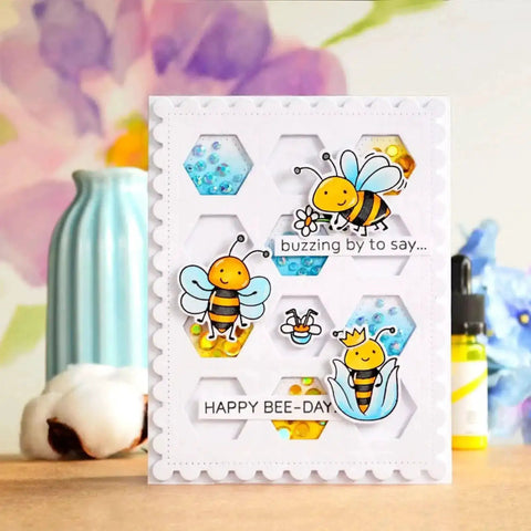 Greeting card with bee illustrations and scalloped honeycomb cover, using Two Sets Dotted Square Frame Dies For Card Making