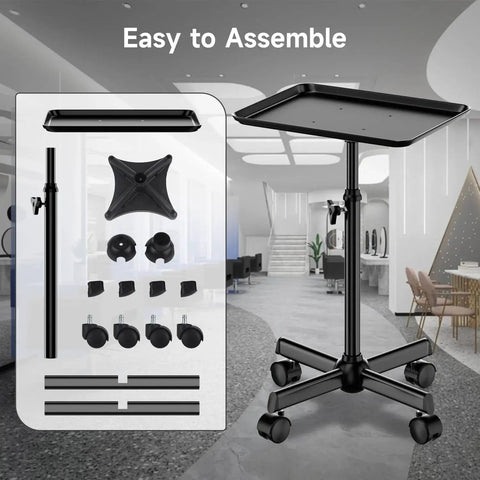 Adjustable Height Rolling Salon Cart With Tray On Durable Wheels For Tattoo Parlors Spas Dental Clinics And Hair Stylists Built From Corrosion Resistant Iron And Aluminum Anti Tip Design Lockable Casters Stable Mobile Workspace Black assembly guide