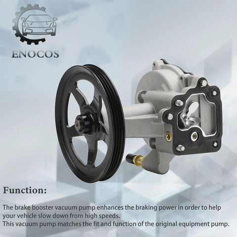 Enocos vacuum pump with black pulley and gasketed mounting flange for brake booster use.