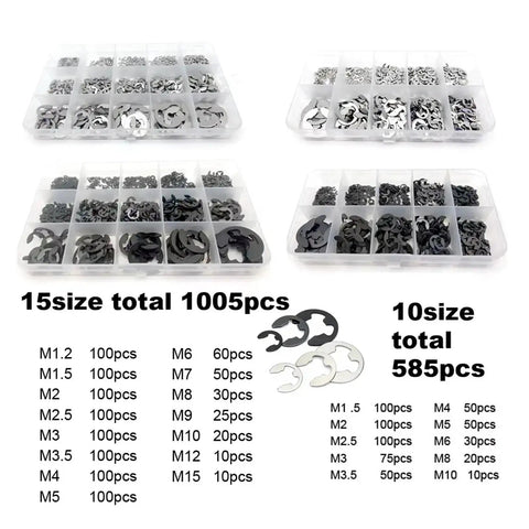E Clip Snap Ring Assortment Kit 585 And 1005 Pcs External Retaining Rings M1.2 To M15 In 304 Stainless Steel And Black 65Mn Set