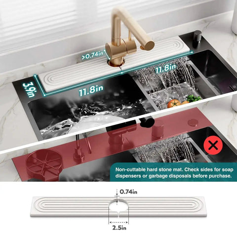 Diatomite Stone Kitchen Sink Mat And Splash Guard For Moisture Absorption installed on sink, 23.6 x 3.9 x 0.4 inches, 2.5 inch hole.