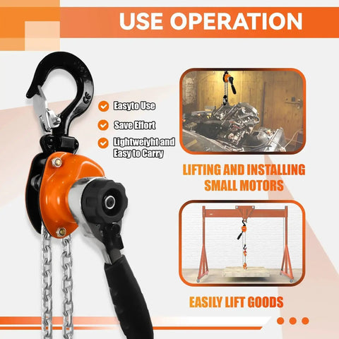 Manual Lever Chain Hoist 550 Lb 5 Ft Lift G80 Alloy Steel For Garage hanging, showing lifting operation in a workshop setting.