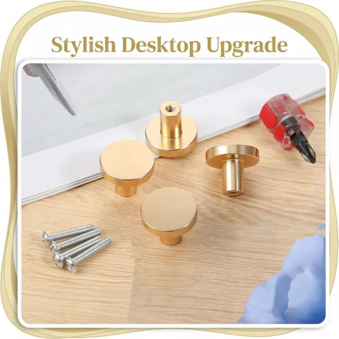 4 Pack Gold Solid Brass Round Drawer Knobs With Mounting Screws displayed on table, showing elegant brushed finish and included hardware