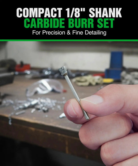 Hand holding 20 Piece Double Cut Carbide Bur Set With 1/8 Inch Shank For Die Grinder Bits Ideal For Milling Carving Engraving Deburring And Drilling Hard Wood And Metals On Rotary Tools YG-8x Tungsten Carbide Drill Bit Set