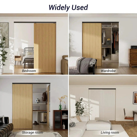 Heavy Duty Bypass Sliding Door Hardware Kit With Soft Close Mechanism for Two Doors shown in bedroom, wardrobe, storage, and living room.