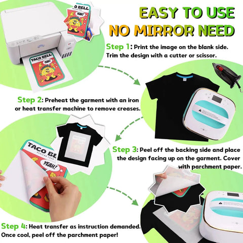 Heat Transfer Paper For Dark T Shirts 25 Sheets 8 By 11 Inches Works With Inkjet And Laser Printers Easy To Use Printable Stretchable And Durable Transfers For Custom Tees And DIY Clothing Projects shown in step-by-step use guide with printer and pressing iron.