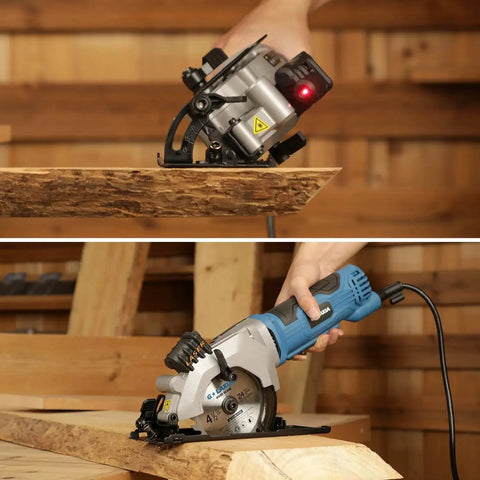 Mini Circular Saw Corded 4 Amp 3500 RPM with Laser Guide and Rip Guide, cutting wood, includes two 24T TCT blades and hex key