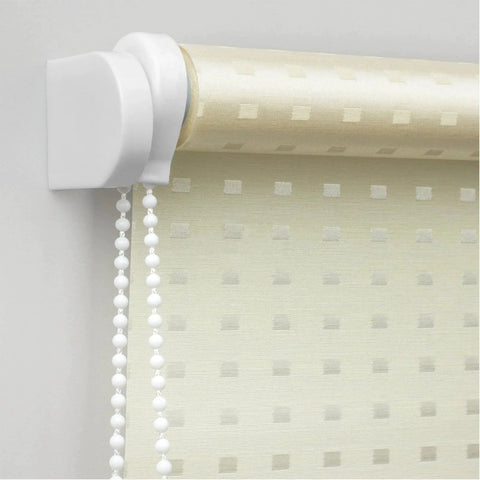 Close-up of 10 Meter Bead Chain Cord for Roller Blinds with 4.5mm Bead Diameter attached to a beige roller blind.