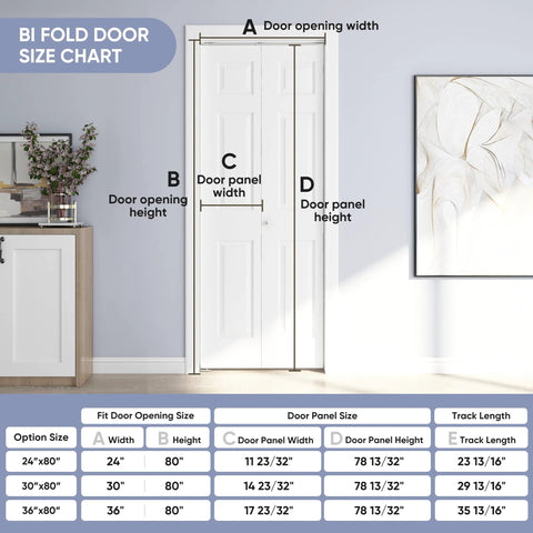 Bi-fold door size chart with dimensions for 24 In By 80 In Bi Fold Door With 6 Panel Primed Hollow Core Interior Doors And Hardware Kit.
