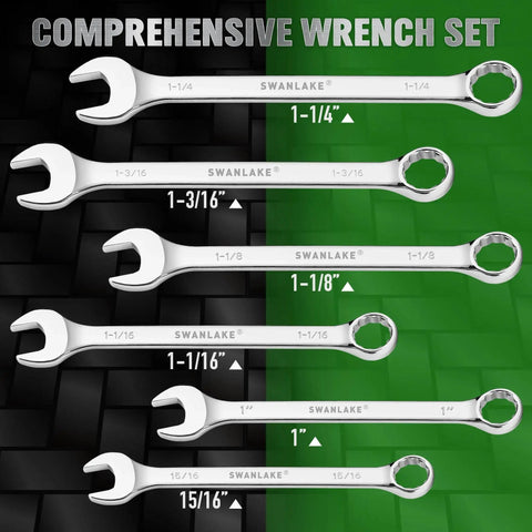 Six Piece Large Wrench Set With Long Box End Wrenches Ranging From 15/16 Inch To 1 1/4 Inch Including Rolling Pouch displayed on black and green background
