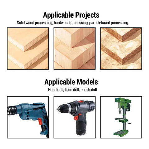 Image showing different wood types and compatible drills for use with 35mm Concealed Hinge Jig Drill Guide Set For Woodworking Hinges With Dust Cover And Adjustable Hole Size Boring Bit Cutter 3 Flute Woodworking Drill Bit Saw Bit SENECESLI.