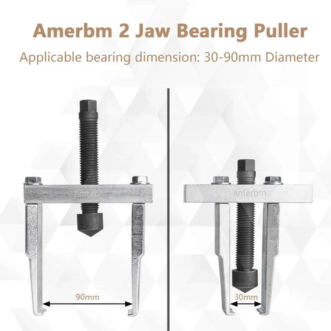 Two Jaw Bearing Puller Remover 30 To 90 Millimeter Adjustable Gear And Bearing Extractor front and side view with dimensions