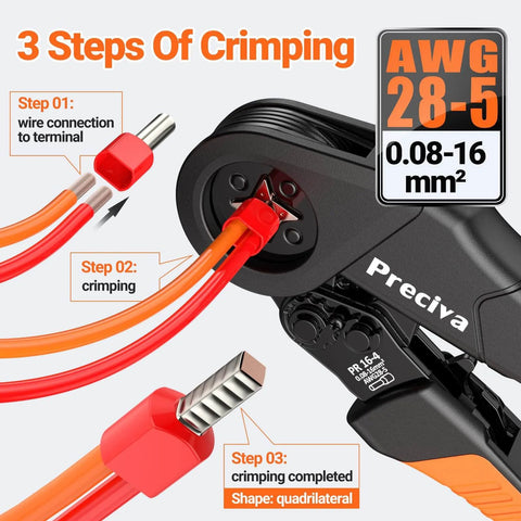 Ferrule Crimping Tool Kit With Portable Case Square Crimp Pliers For AWG 28 To 5 Wires Ratchet Crimper 1300 Ferrule Connectors And Wire Terminals 950 Single And 350 Twin Ferrules Pro Grade Electrician And DIYer Friendly demonstrating crimping steps