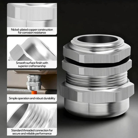 Five Pack Nickel Plated Copper Cable Gland Waterproof Metal Seal With Adjustable Protection Fits Half Inch NPT Thread And Six To Twelve Millimeters Ideal For Outdoor And Industrial Electrical Installations And DIY Projects